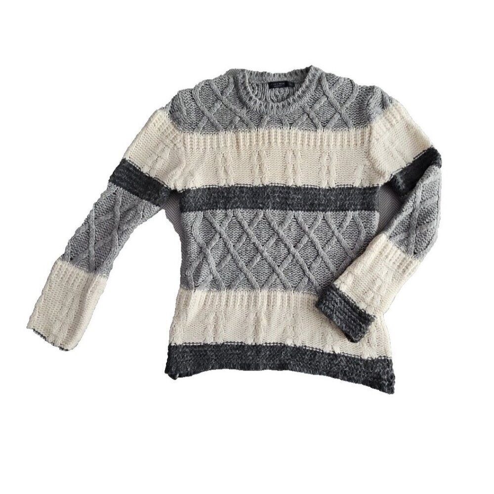 Zara Man Cable Knit Sweater Men's Large Crewneck Striped‎ Wool Alpaca Blend